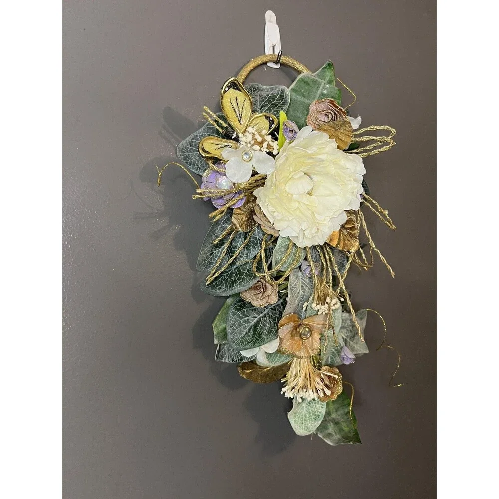 Elegant Floral Wall Hanging Door Swag Decor Faux Flower Gold Accents 21 Inch Art